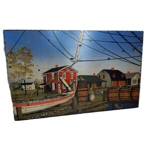 Vintage George Nathan New England Harbor Scene Wooden Plaque Nautical Folk Art
